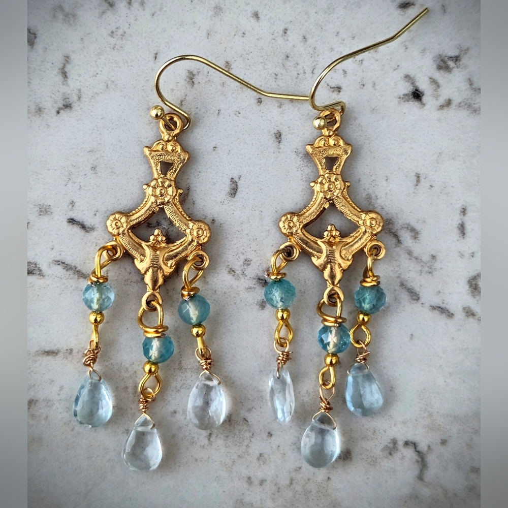 Regency Elegant Genuine Blue Topaz In Victorian Chandelier Gold Plated Earrings